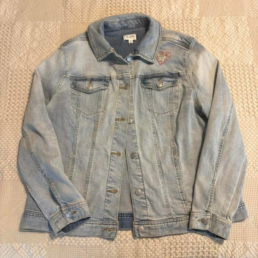 Candace Cameron Bure light blue denim jacket with heart patch, Medium